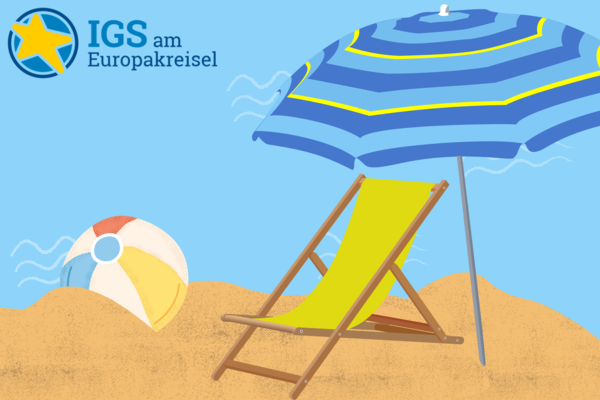 Grafik einer Strandszene mit Sonnenschirm, Liege und Ball in blau und Gelbtönen im Sand vor blauem Meereshintergrund